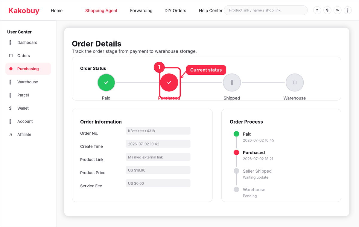 Purchase order statuses, explained — Kakobuy reference screenshot